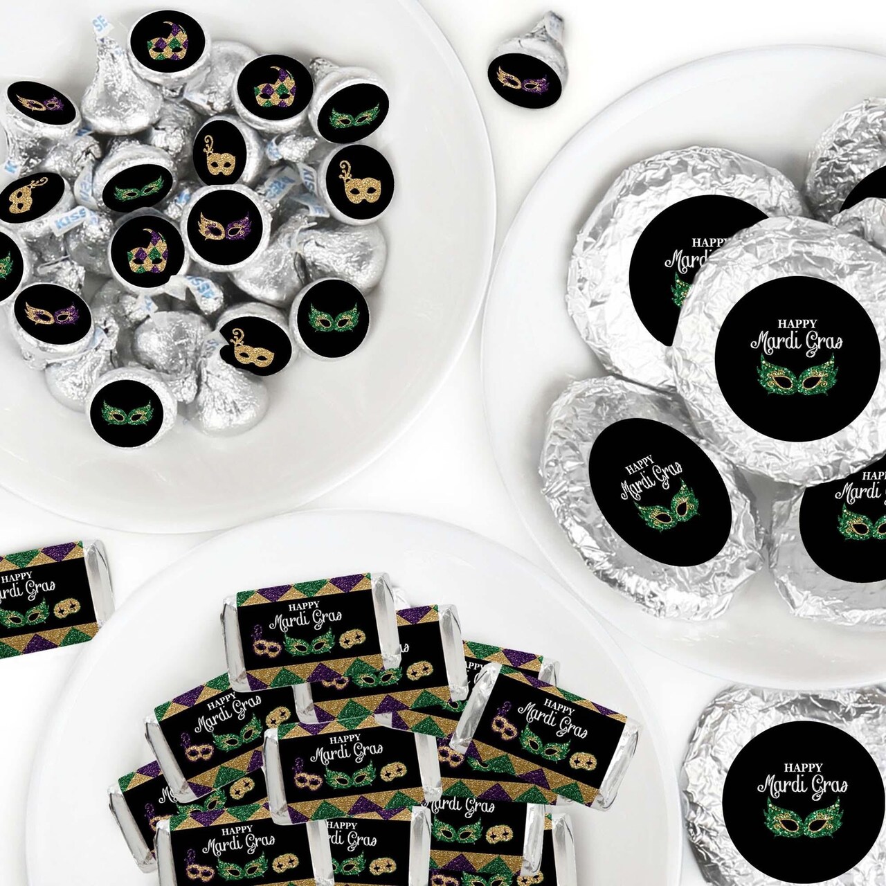 Big Dot of Happiness Mardi Gras - Mini Candy Bar Wrappers, Round Candy Stickers & Circle Stickers - Masquerade Party Candy Favor Sticker Kit - 304 Pcs
